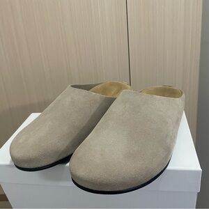 The Row Beige Suede Slip-On Sandals